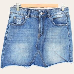 Free Heart Distressed Washed Raw Hem Denim Jean A Line High Rise Mini Skirt M